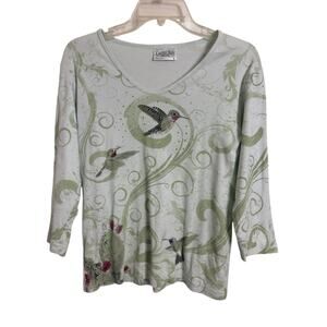 Y2K Cactus Bay Hummingbird Rhinestone 3/4 Sleeve Top Size Small Bird Lover